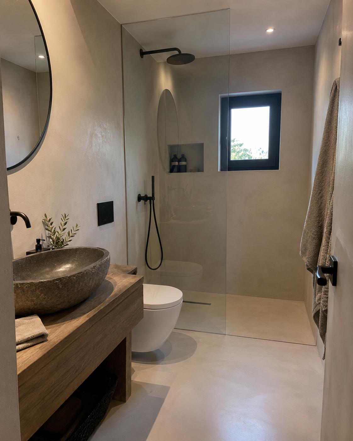 Trabajo de microcemento en baños y duchas realizado por Micronova 2