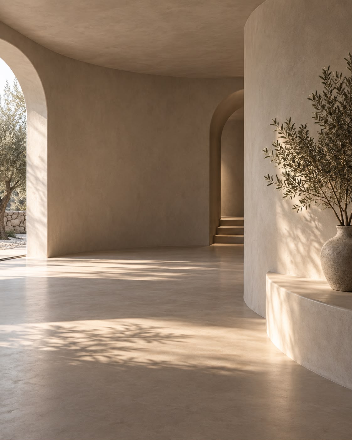 Interior de microcemento en tonos cálidos con arcos y luz natural
