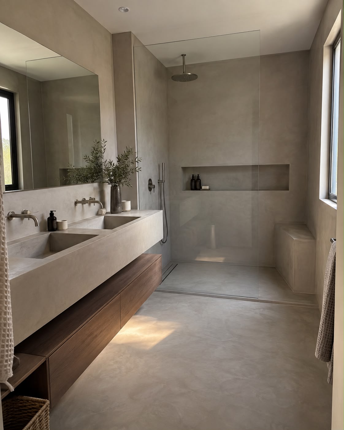 Referencia estética de baño con revestimiento continuo