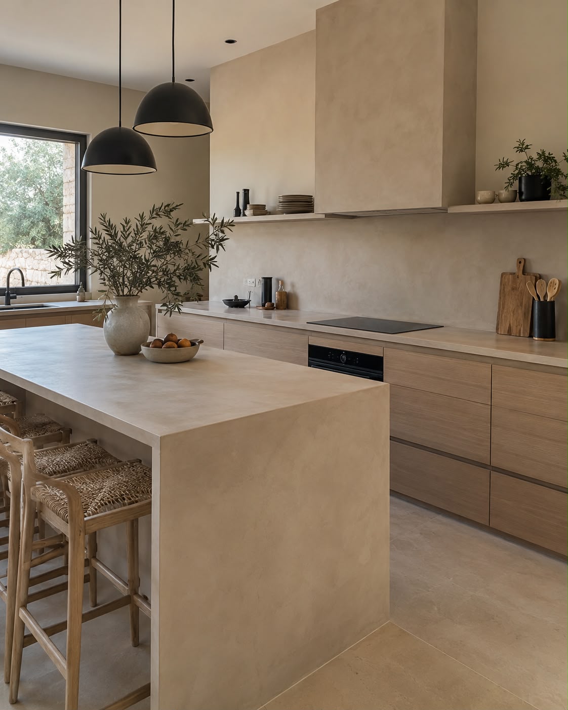 Referencia estética de cocina con superficies en tonos piedra