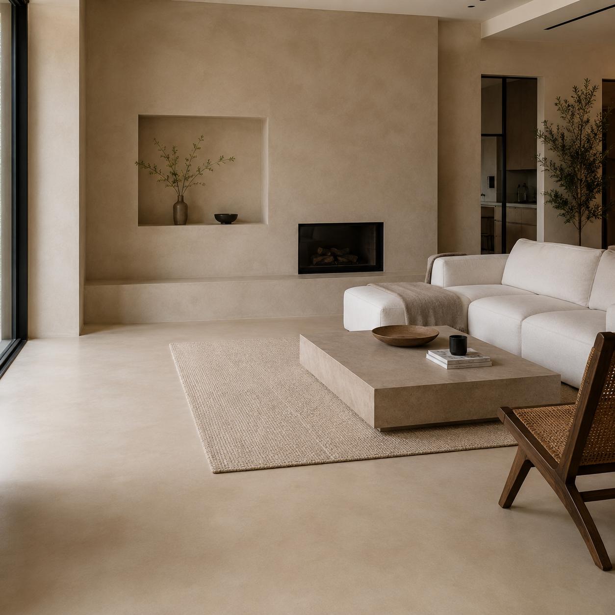 Interior amplio con superficies continuas y luz cálida